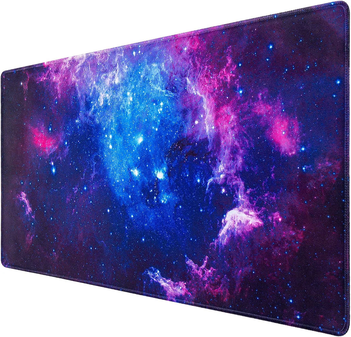Large rectangular gaming mouse pad with vivid blue and purple galaxy nebula design and starry space pattern