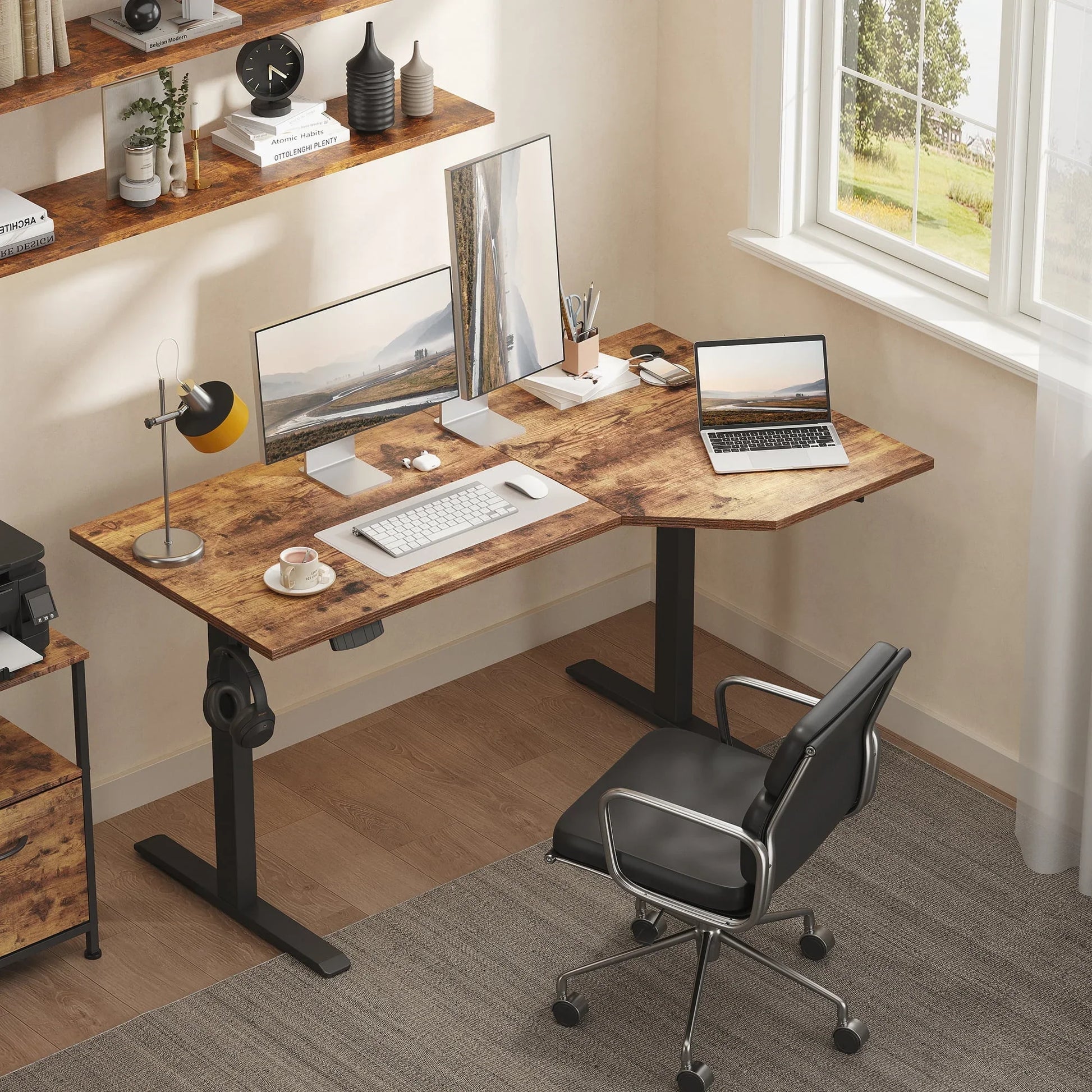 55.1 Inch Electric L-Shaped Height Adjustable Standing Desk, Sit to Stand Corner Desk with Memory Presets and Hooks, Ergonomic Home Office Computer Desk for Workstations, Rustic Brown