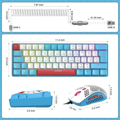 Compact mechanical keyboard and honeycomb RGB gaming mouse with USB A to USB C coiled cable