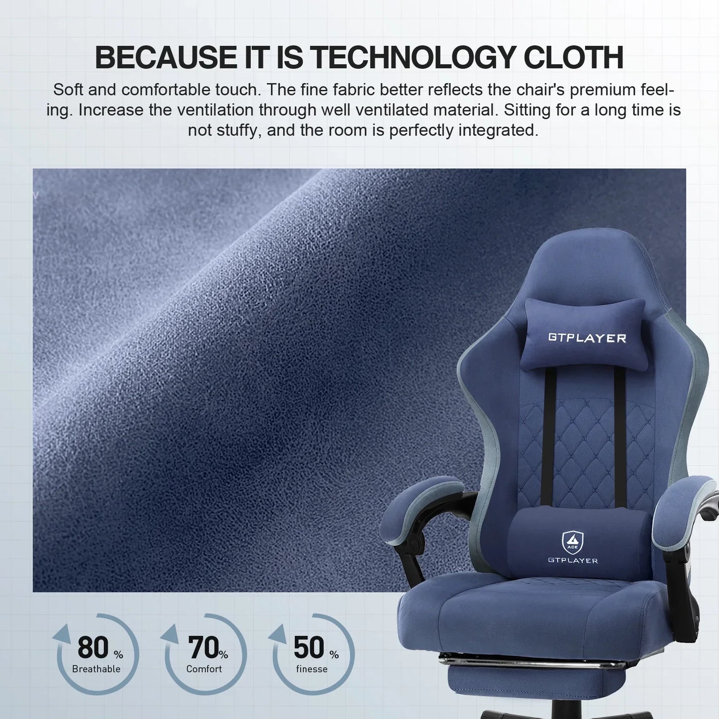 Blue GTPLAYER ergonomic gaming chair with breathable technology cloth and head and lumbar support pillows