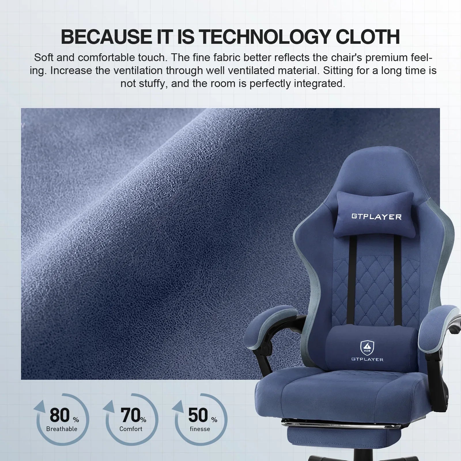 Blue GTPLAYER ergonomic gaming chair with breathable technology cloth and head and lumbar support pillows