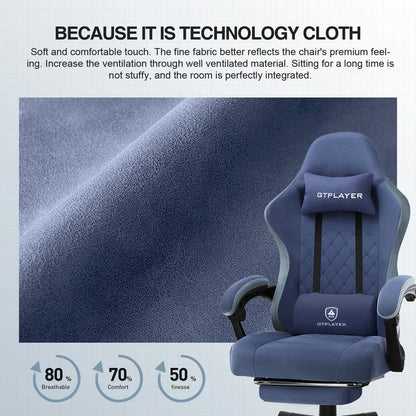 Blue GTPLAYER ergonomic gaming chair with breathable technology cloth and head and lumbar support pillows