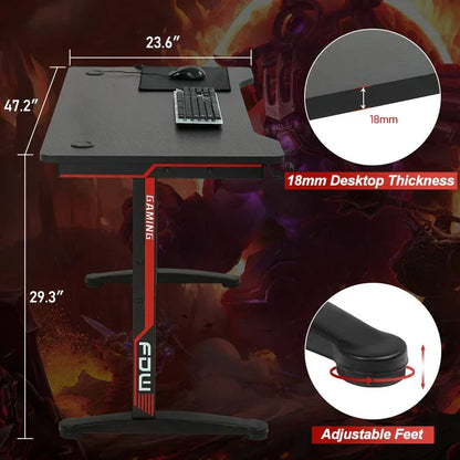 Gaming desk with 23.6x47.2 inch carbon fiber desktop, 18mm thickness, adjustable feet, black and red frame