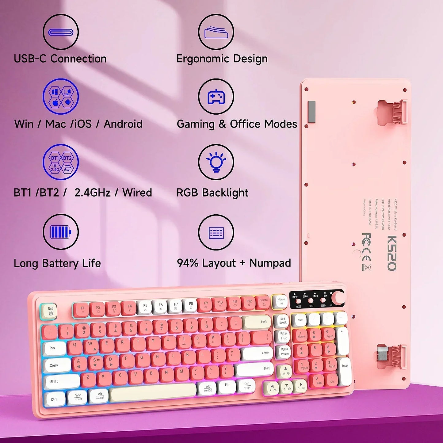 Pink retro 8-bit style RGB backlit keyboard with numpad for gaming, USB-C, wireless, ergonomic