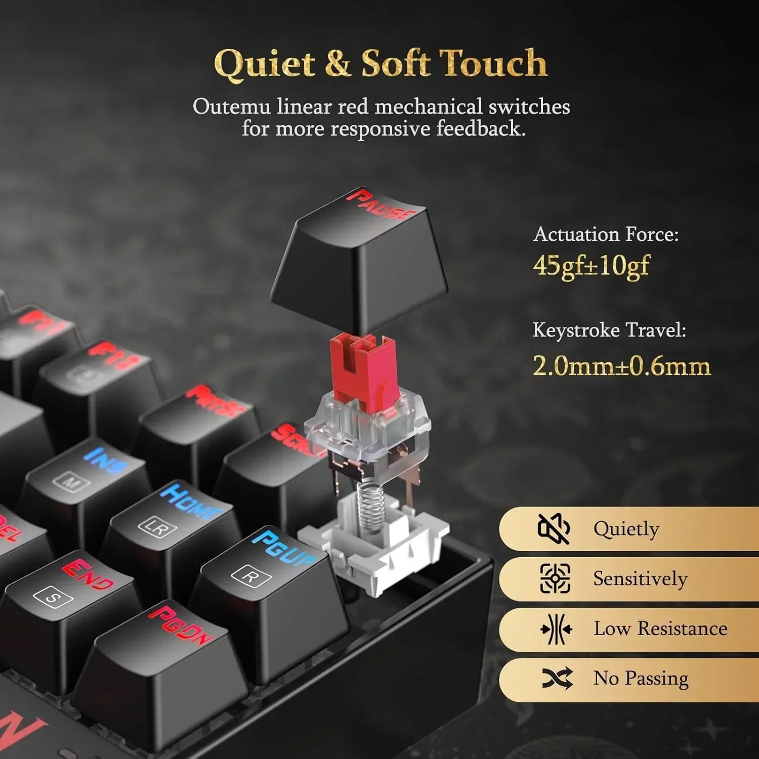 Outemu red linear mechanical switch exposed on gaming keyboard for responsive, quiet typing