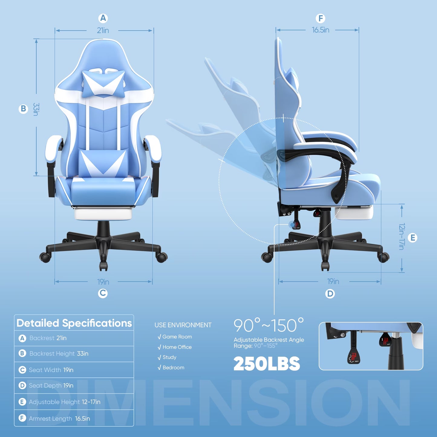 Blue and white gaming chair with dimensions, adjustable backrest 90-150°, 250lbs capacity, for game room or home office