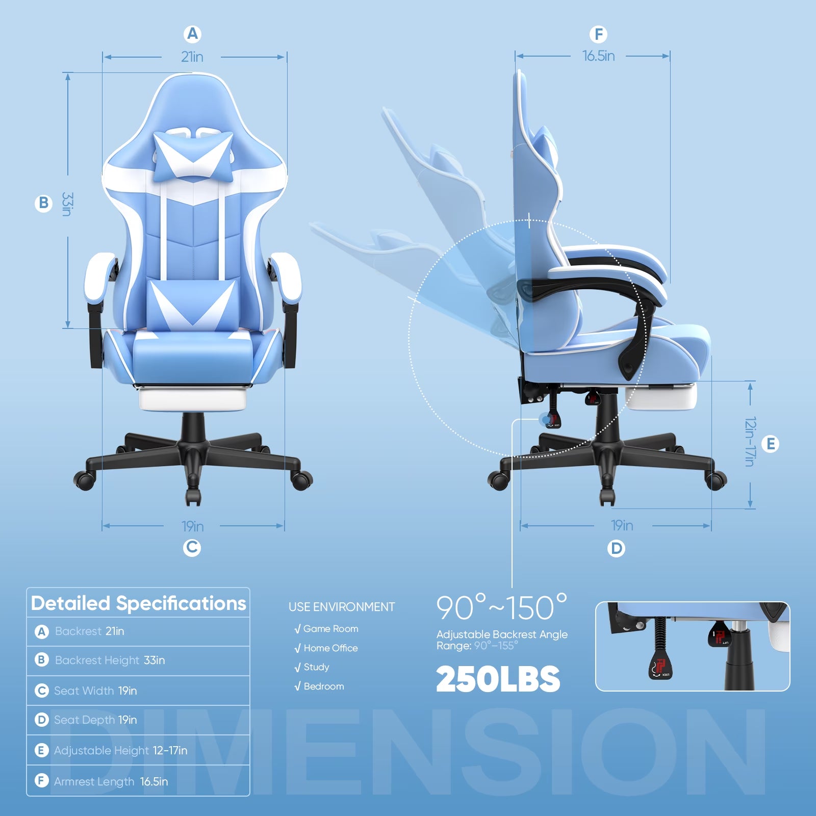Blue and white gaming chair with dimensions, adjustable backrest 90-150°, 250lbs capacity, for game room or home office