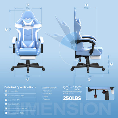 Blue and white gaming chair with dimensions, adjustable backrest 90-150°, 250lbs capacity, for game room or home office