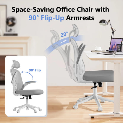 Space-saving office chair with 90° flip-up armrests, ergonomic design for gaming or work setup