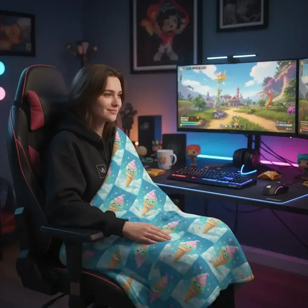 Young woman in gaming chair wrapped in blue ice cream cone pattern blanket playing video game on dual monitors