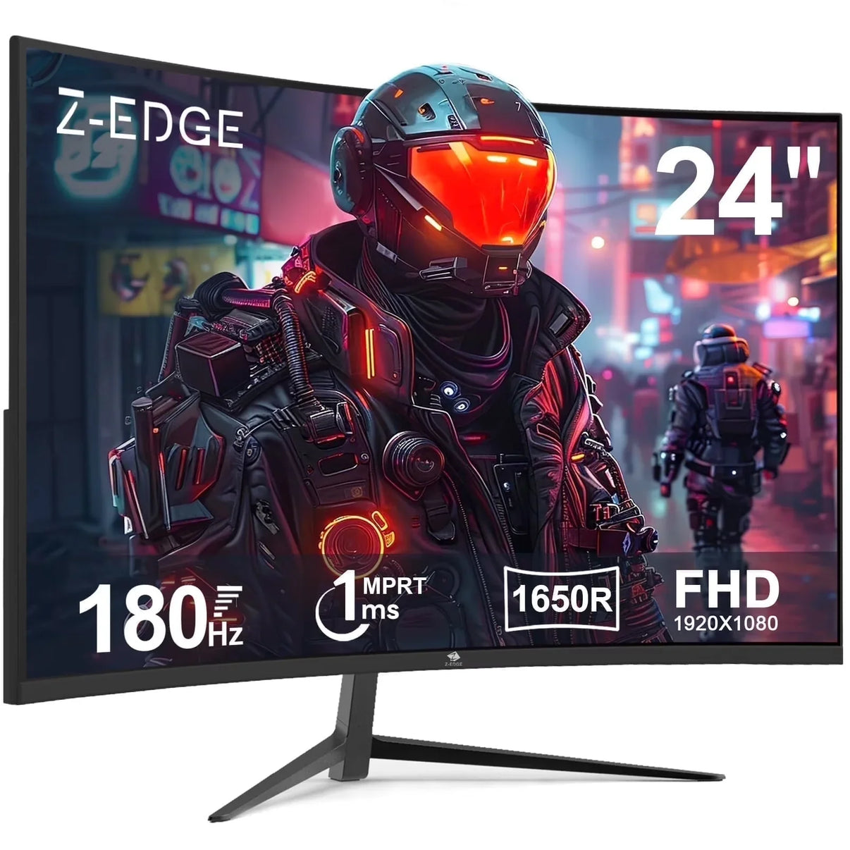 24-inch curved gaming monitor displaying futuristic soldier with 180Hz, 1ms MPRT, 1650R curve, FHD 1920x1080