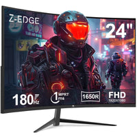 24-inch curved gaming monitor displaying futuristic soldier with 180Hz, 1ms MPRT, 1650R curve, FHD 1920x1080