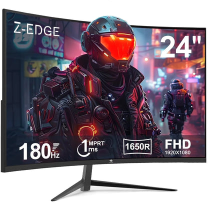 24-inch curved gaming monitor displaying futuristic soldier with 180Hz, 1ms MPRT, 1650R curve, FHD 1920x1080