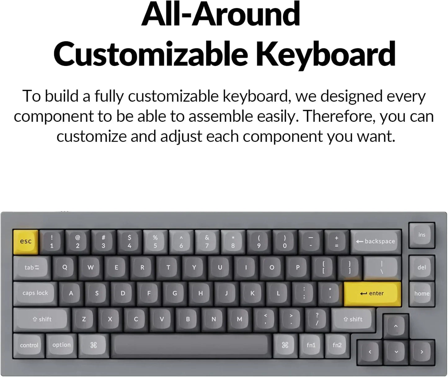 Customizable 8-bit style gaming keyboard in gray with yellow escape and enter keys from Byte Style.