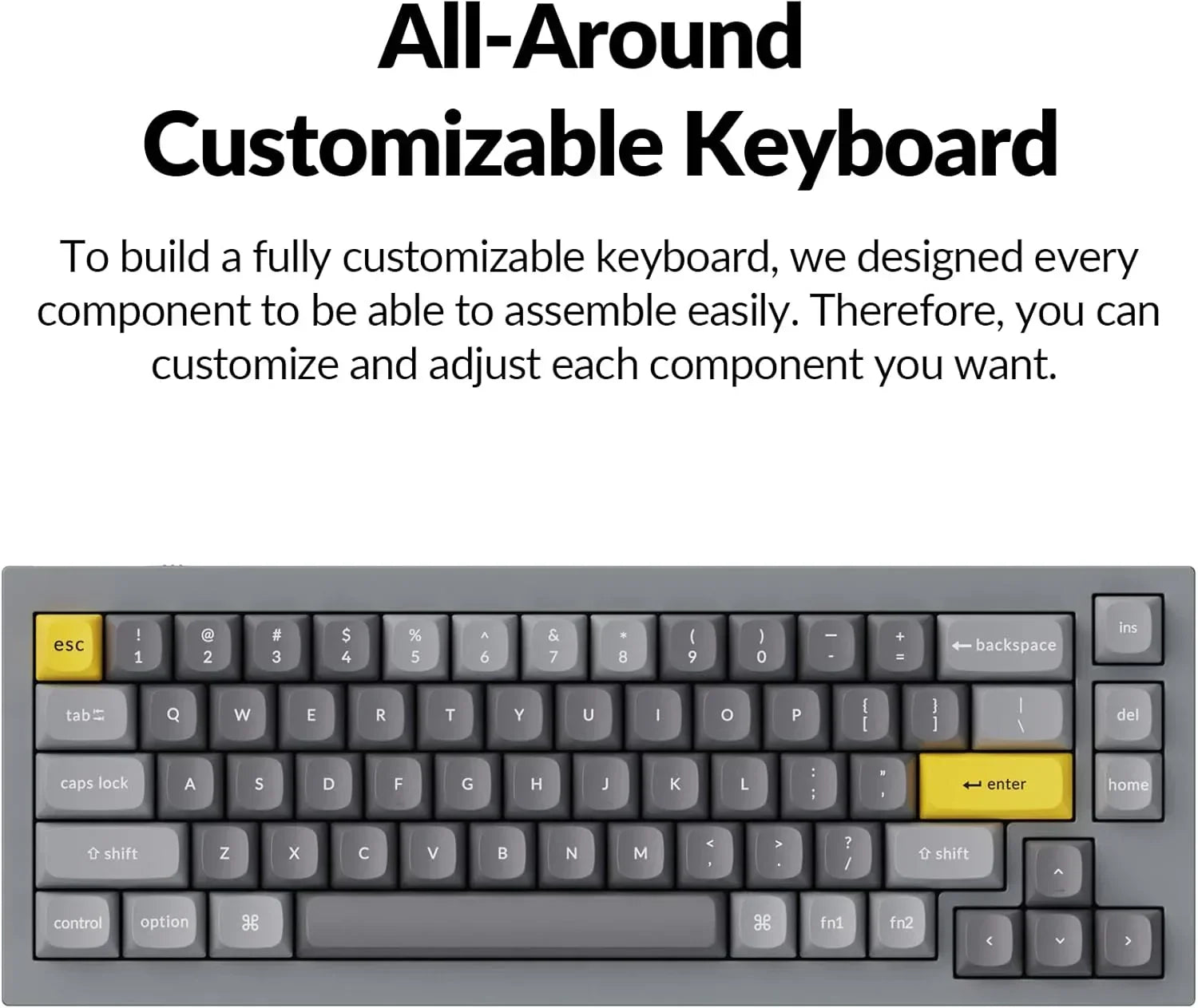 Customizable 8-bit style gaming keyboard in gray with yellow escape and enter keys from Byte Style.