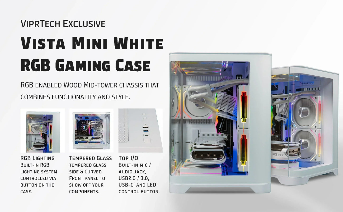 White RGB gaming PC case with tempered glass, built-in LED lighting, and top I/O ports.
