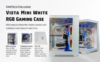White RGB gaming PC case with tempered glass, built-in LED lighting, and top I/O ports.