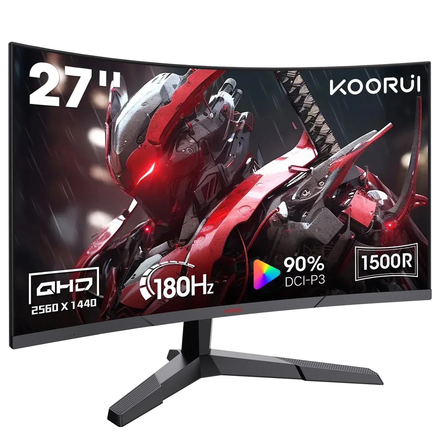27-inch curved Koorui gaming monitor with 2560x1440 QHD, 180Hz refresh rate, 90% DCI-P3 color, 1500R curvature