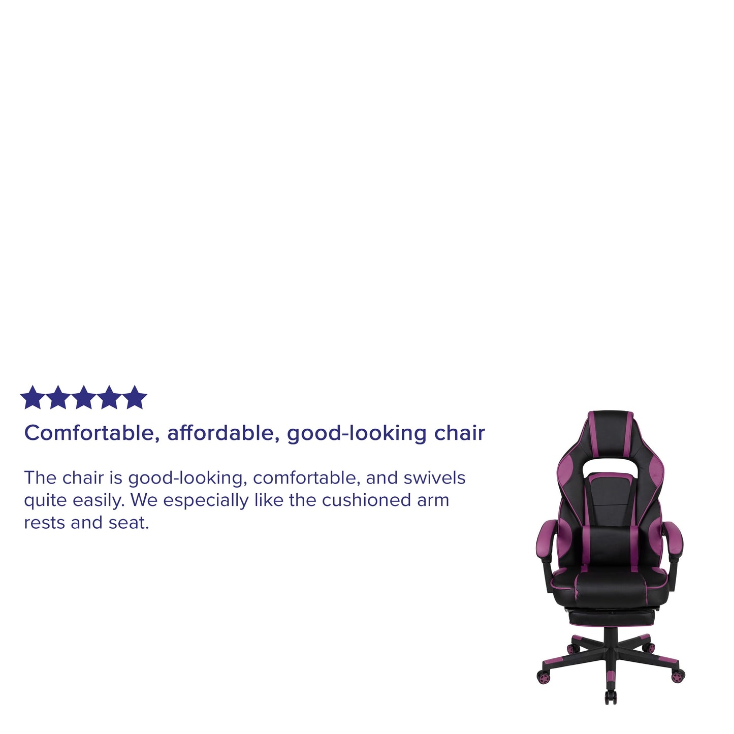Black and purple gaming chair with cushioned armrests, swivel base, and 5-star wheels for comfortable gaming setup