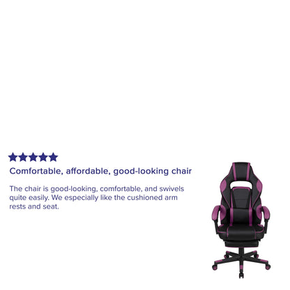 Black and purple gaming chair with cushioned armrests, swivel base, and 5-star wheels for comfortable gaming setup
