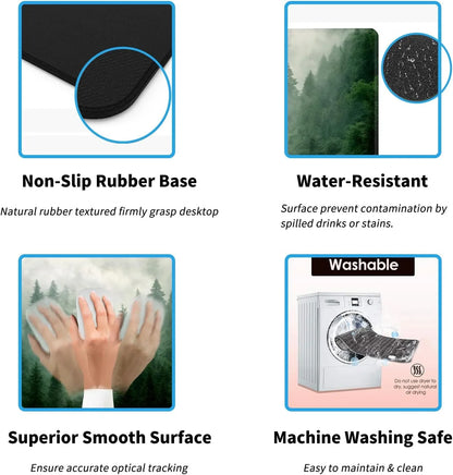 Gaming mouse pad features non-slip rubber base, water-resistant surface, smooth tracking, and machine washable design