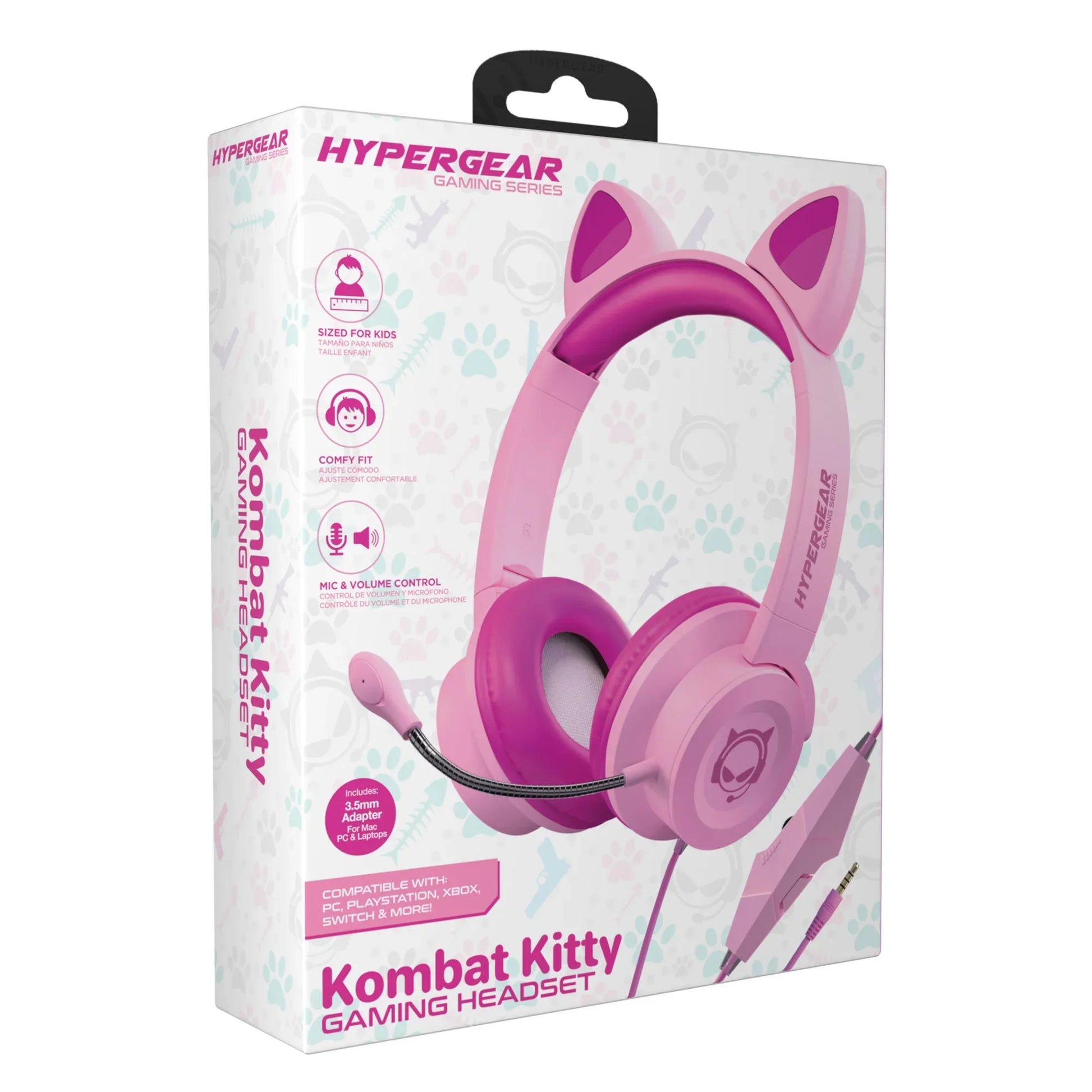 Pink Hypergear Kombat Kitty gaming headset with cat ears, mic, volume control, and 3.5mm adapter