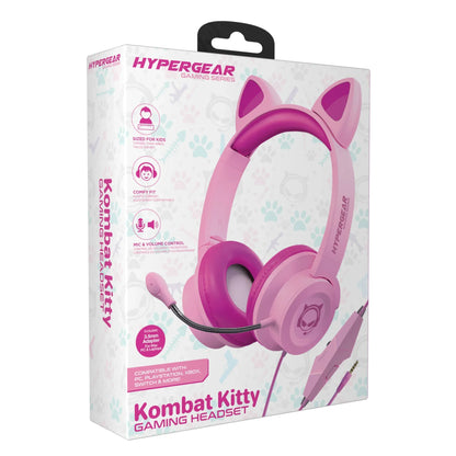 Pink Hypergear Kombat Kitty gaming headset with cat ears, mic, volume control, and 3.5mm adapter
