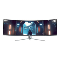 Ultra-wide curved gaming monitor displaying a sci-fi space scene with an astronaut and spaceship