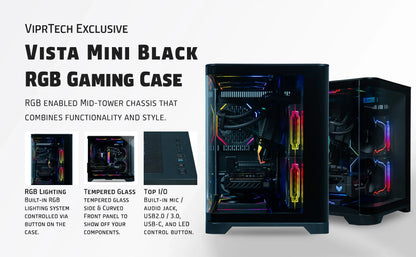 Vista Mini Black RGB gaming case with tempered glass, vibrant RGB lighting, and top I/O ports