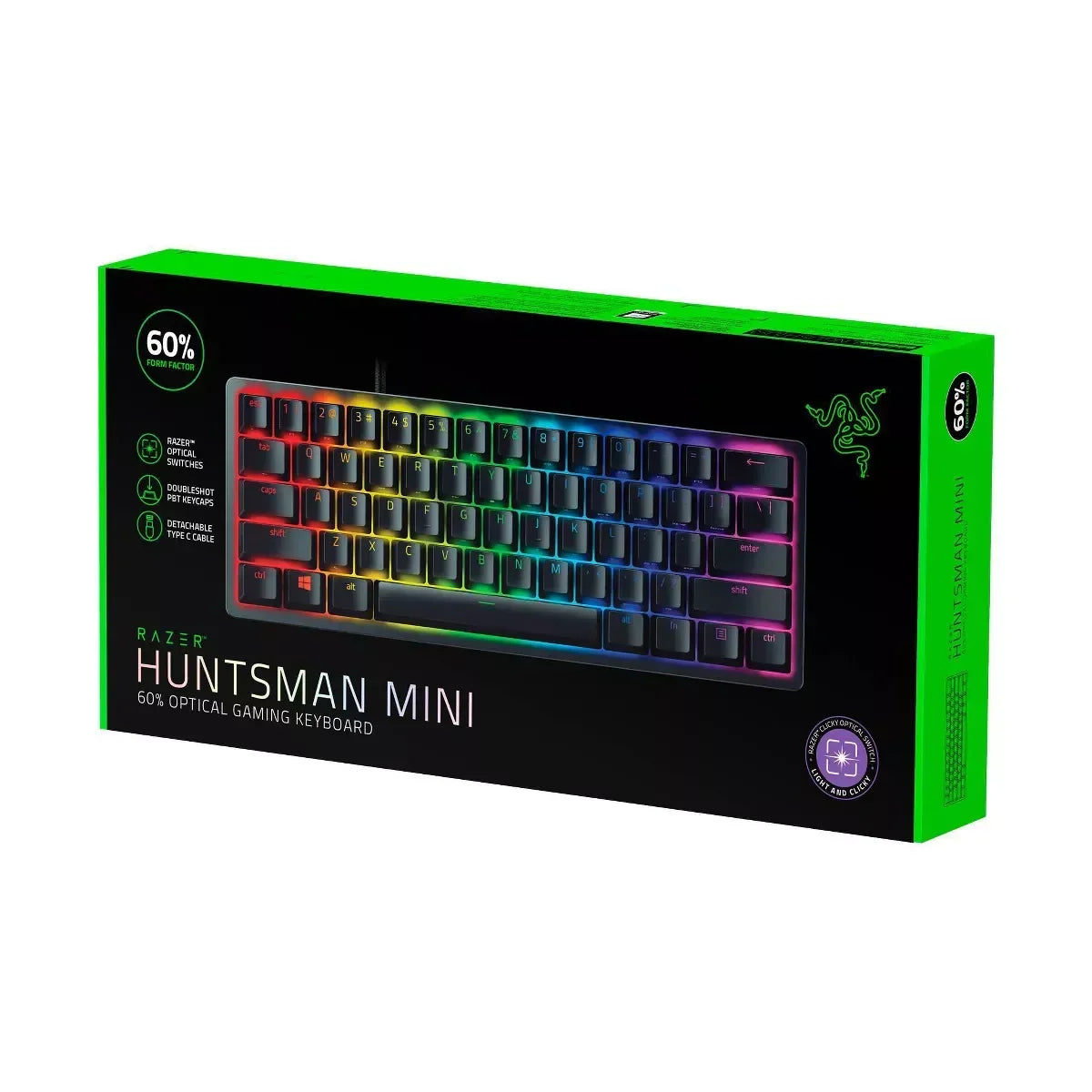 Razer Huntsman Mini 60% optical gaming keyboard in RGB box, modern gaming gear