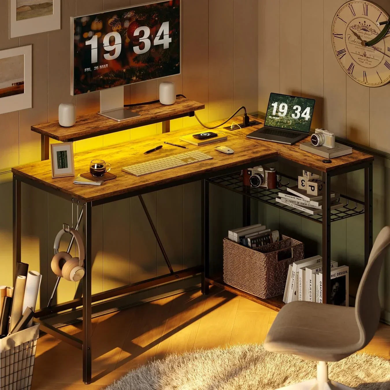 48" L Shaped Desk with LED Lights & Power Outlets, Corner Computer Desk with Monitor Stand for Home Office, Rustic