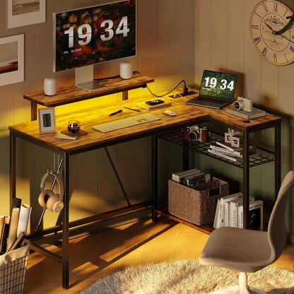 48" L Shaped Desk with LED Lights & Power Outlets, Corner Computer Desk with Monitor Stand for Home Office, Rustic