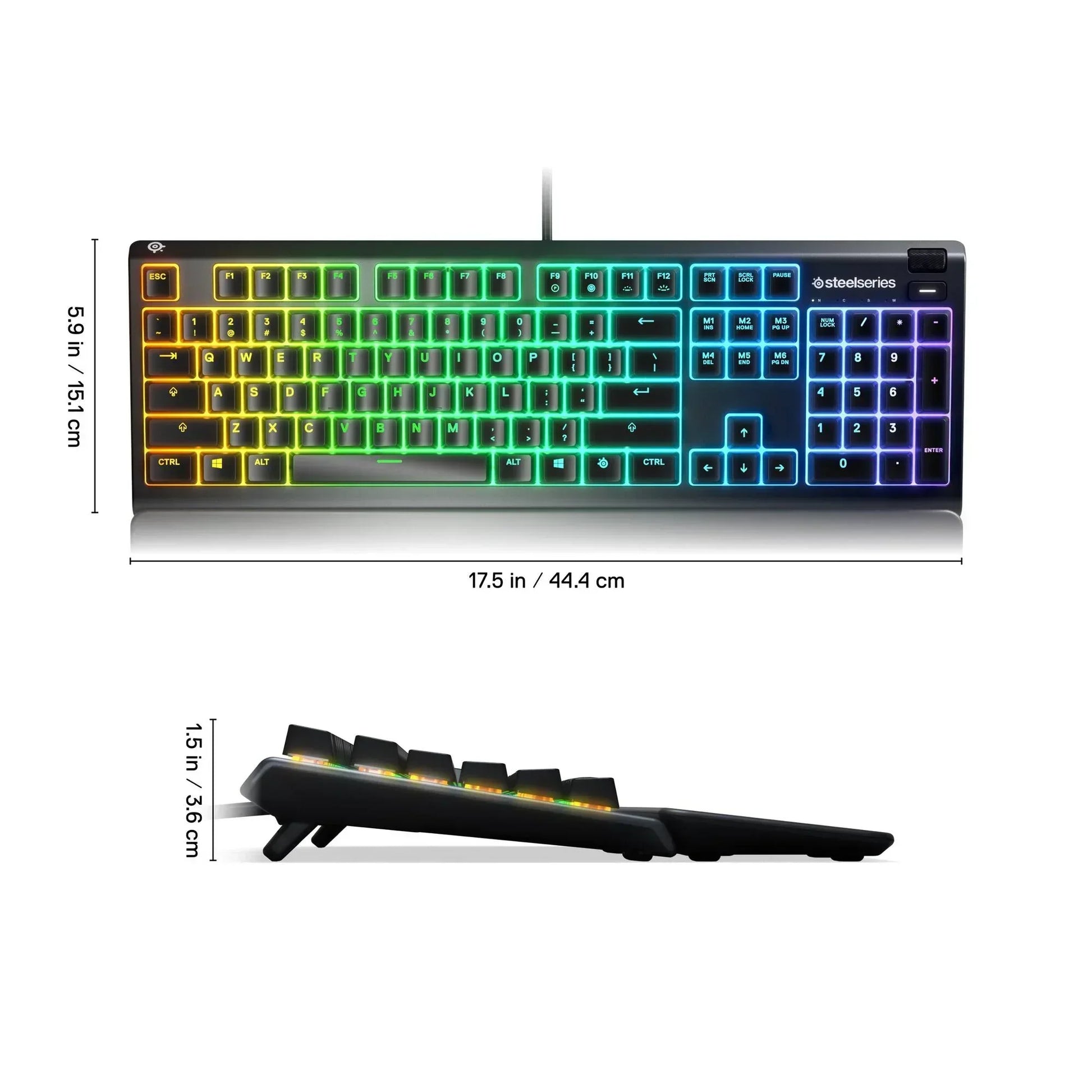 RGB gaming keyboard with rainbow backlight, Steelseries branding, and size dimensions shown