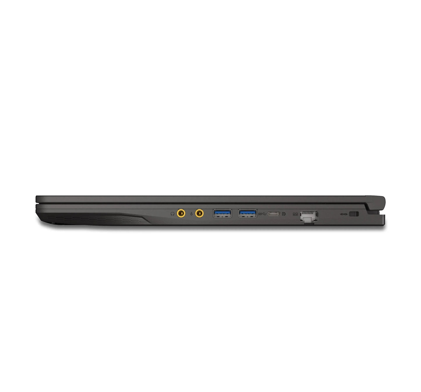 Slim gaming laptop closed, side view showing USB, ethernet, audio ports