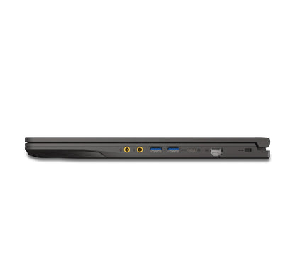 Slim gaming laptop closed, side view showing USB, ethernet, audio ports