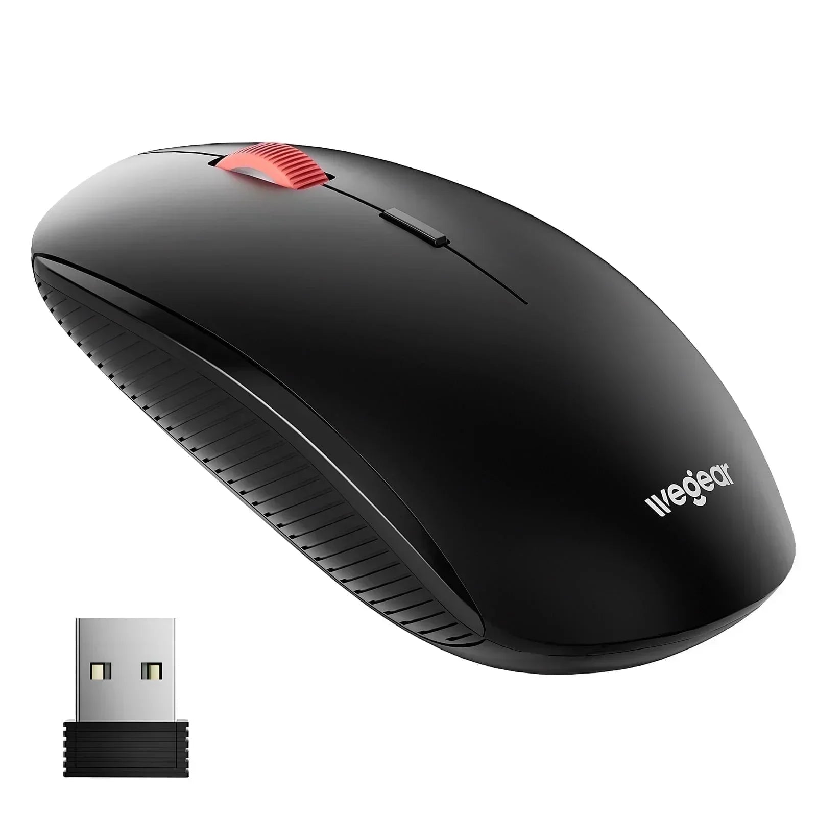 Wireless black computer mouse with red scroll wheel and USB receiver for gaming or office setup