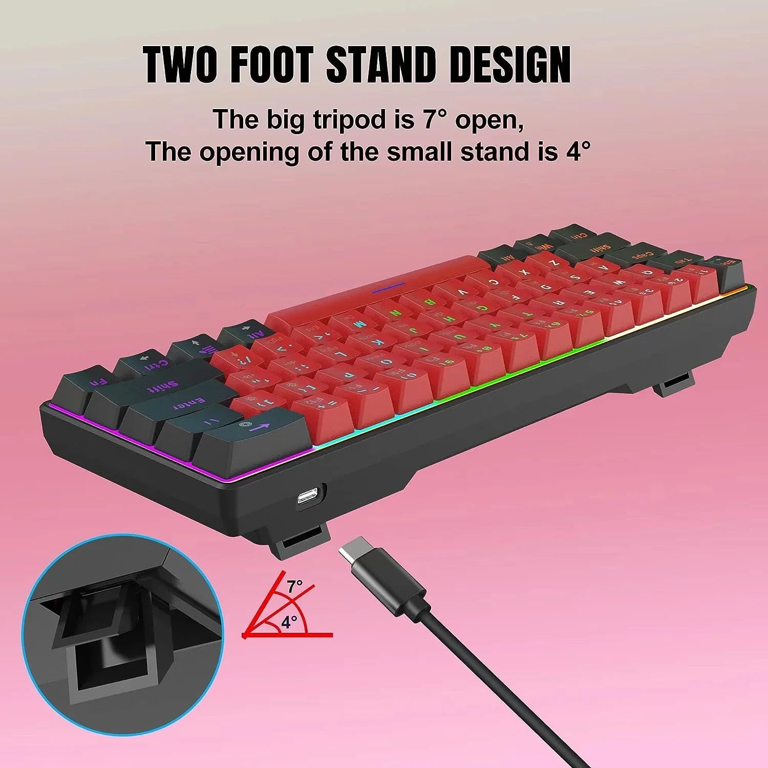Compact mechanical gaming keyboard with customizable RGB backlit red and black keycaps and two-foot stand design showing 7° and 4° opening angles