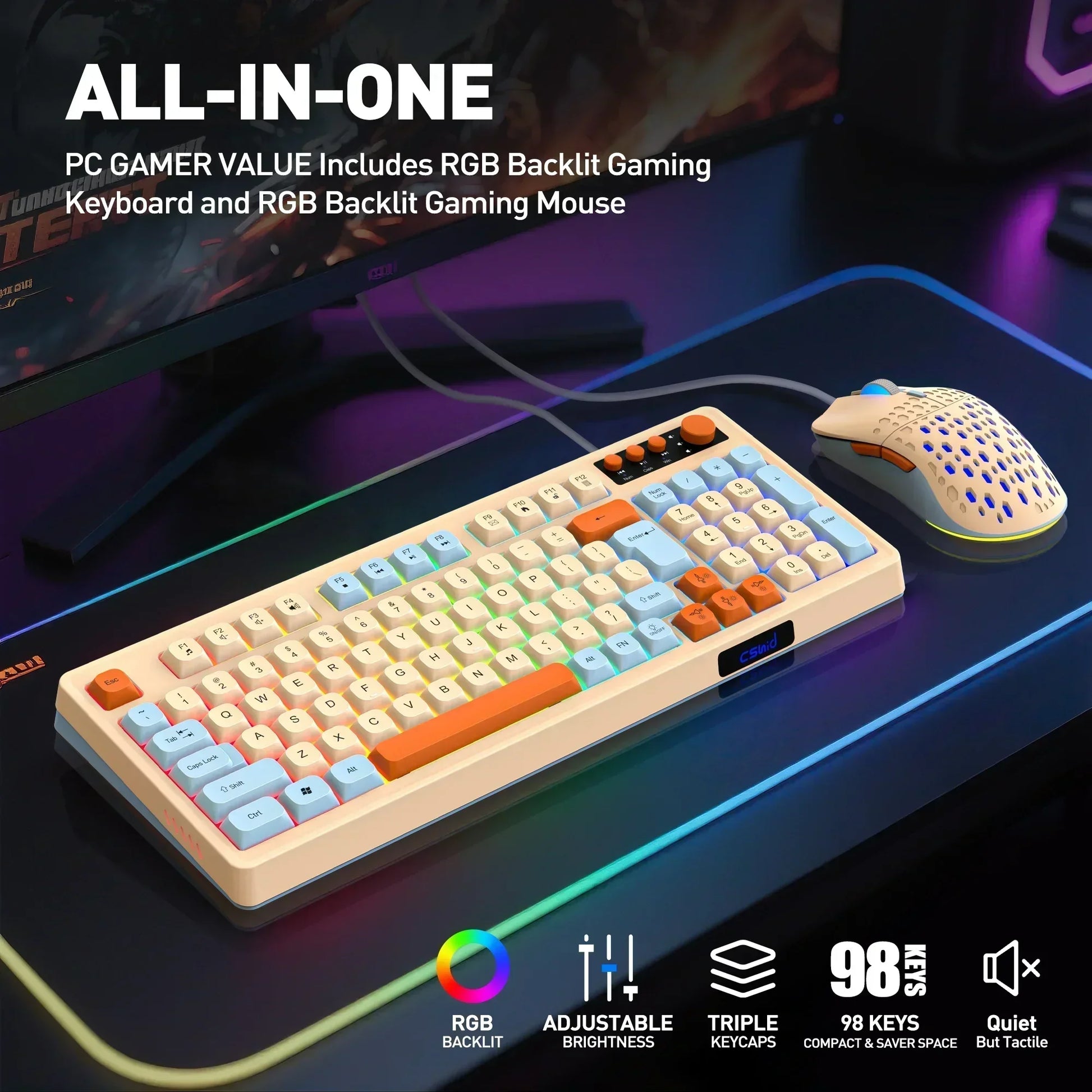 98-Key Wired RGB Gaming Keyboard and Mouse Combo with Dedicated Volume Knob, Media Controls, Spill-Resistant Design & Anti-Ghosting for Windows Pc/Laptop Gamers (Multicolor)