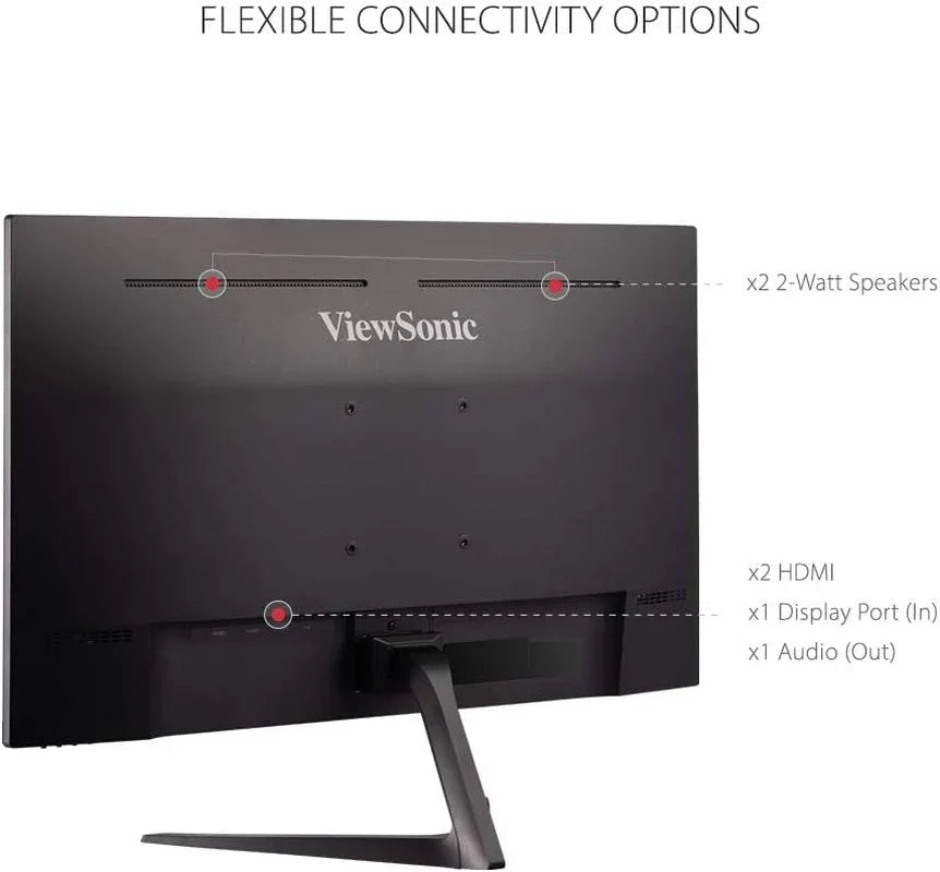 ViewSonic monitor back view showing flexible connectivity with 2 HDMI, DisplayPort, audio out, and built-in 2-watt speakers