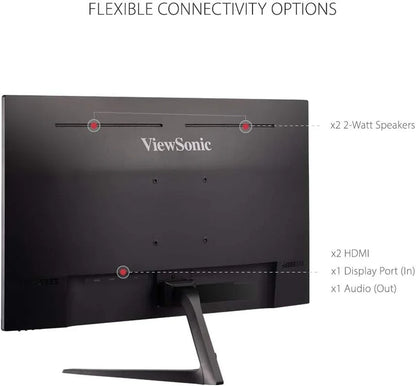 ViewSonic monitor back view showing flexible connectivity with 2 HDMI, DisplayPort, audio out, and built-in 2-watt speakers