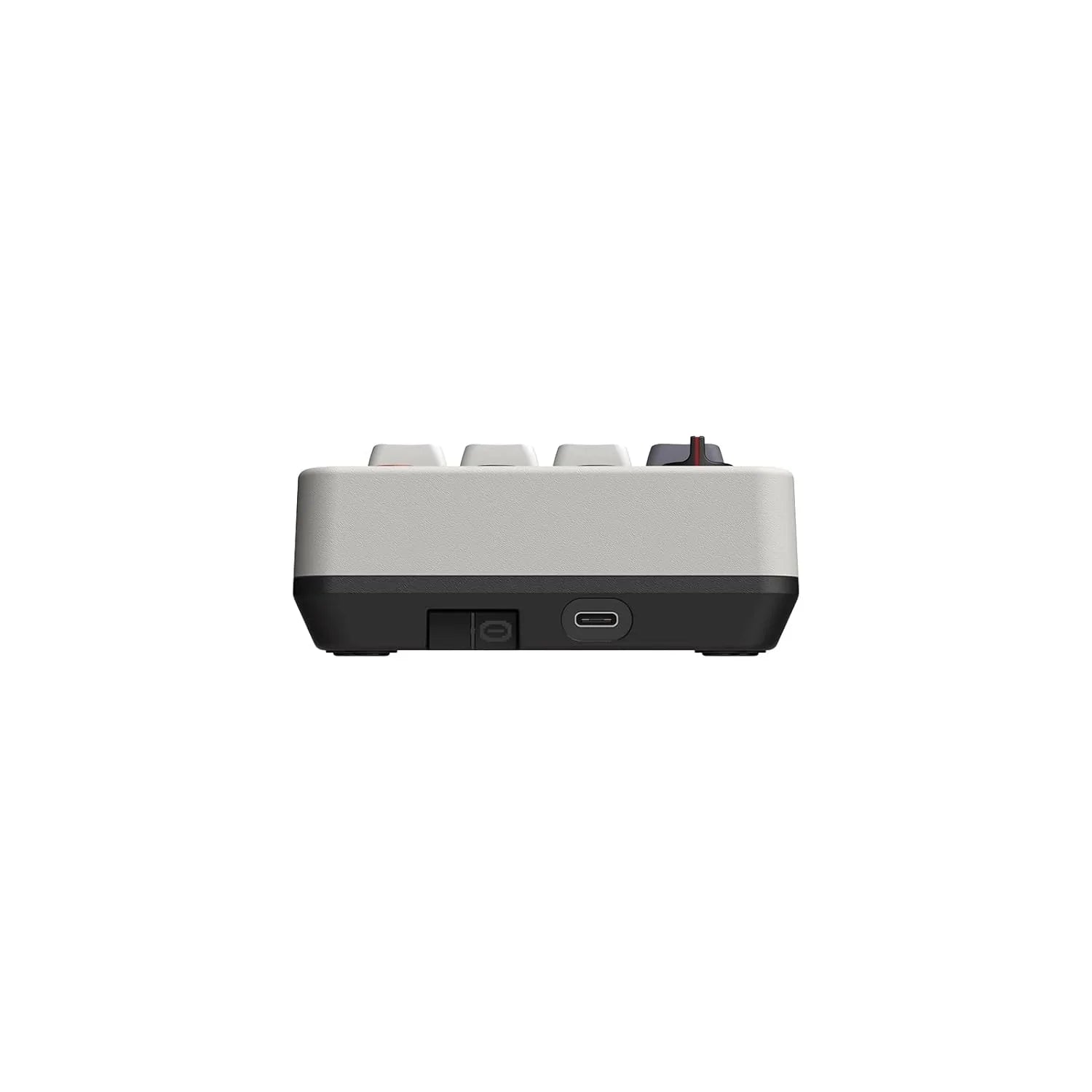 Side view compact mechanical gaming keyboard with USB-C port and light gray keycaps