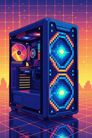 Pixel art gaming PC tower with glowing blue and orange fans in retro futuristic grid room