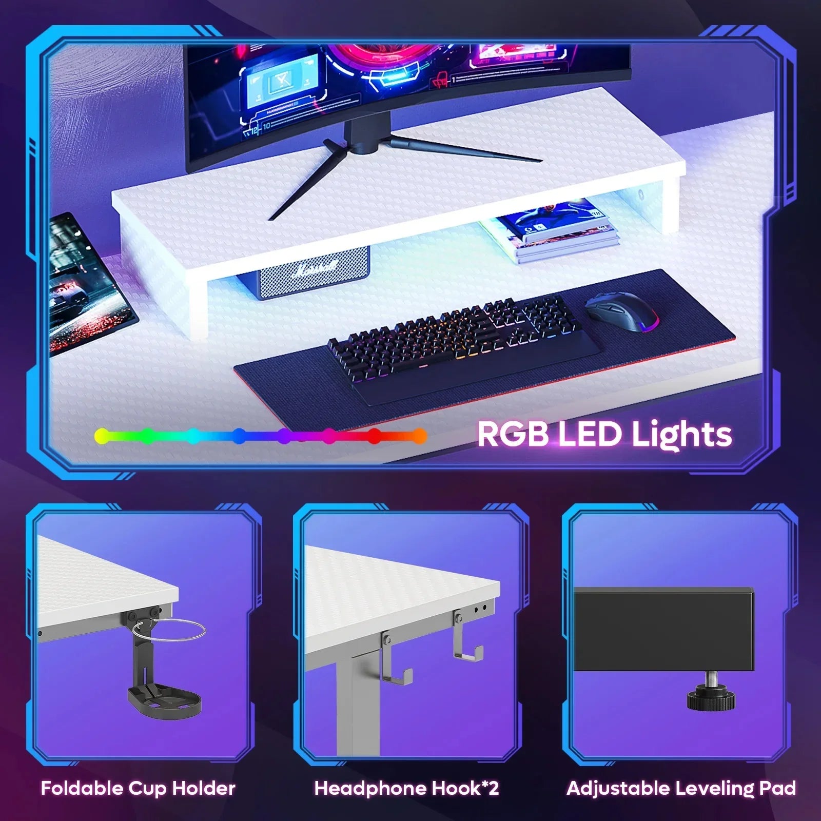White gaming desk with RGB LED lights, curved monitor, keyboard, mouse, foldable cup holder, headphone hooks, adjustable leveling pad