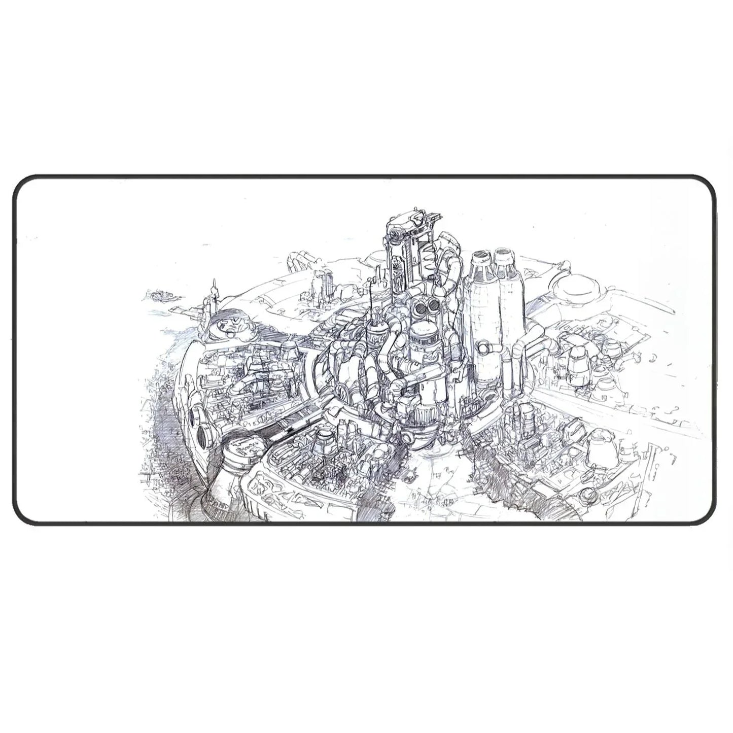 Black and white detailed sketch of a futuristic industrial cityscape with complex machinery and pipes