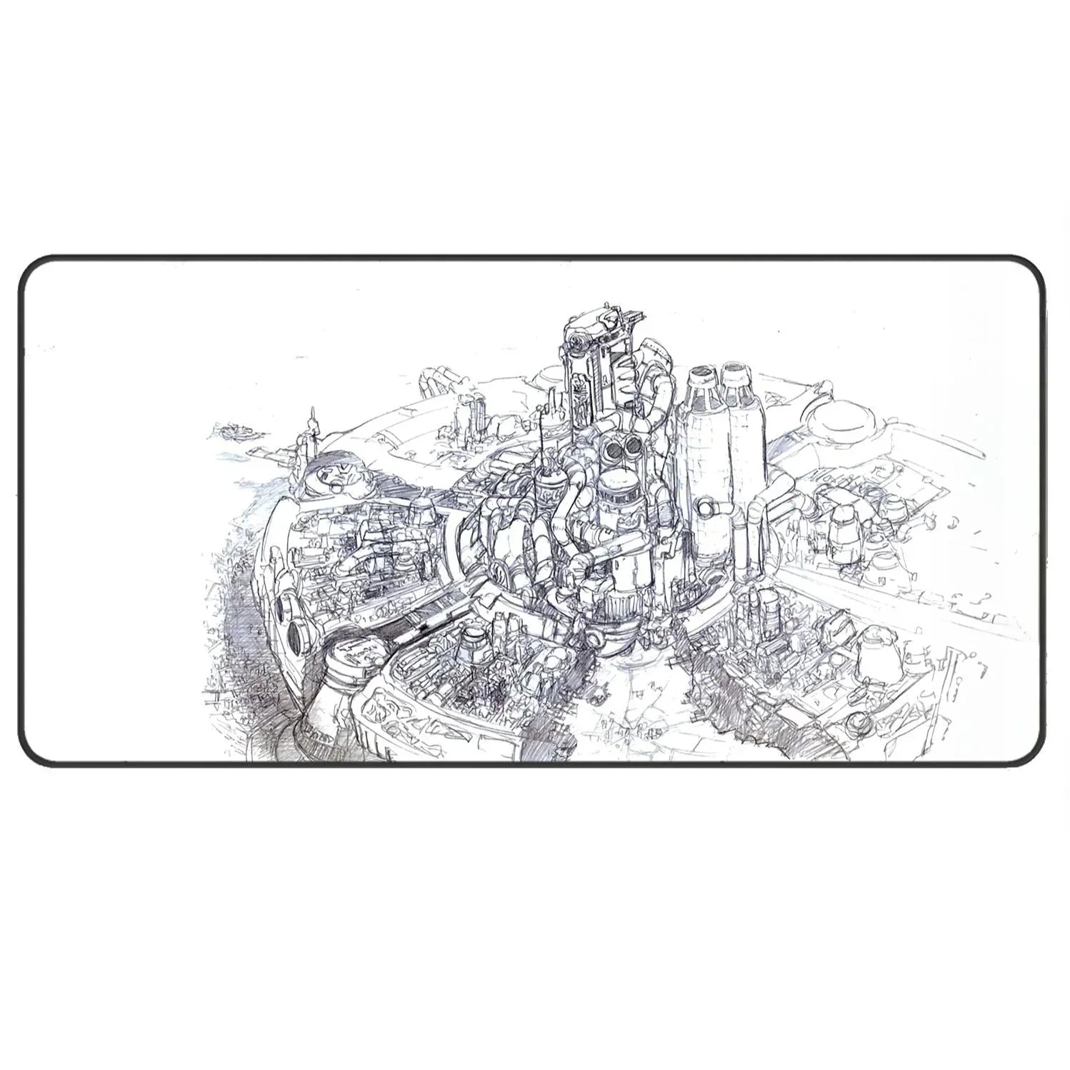 Black and white detailed sketch of a futuristic industrial cityscape with complex machinery and pipes
