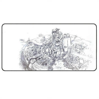 Black and white detailed sketch of a futuristic industrial cityscape with complex machinery and pipes