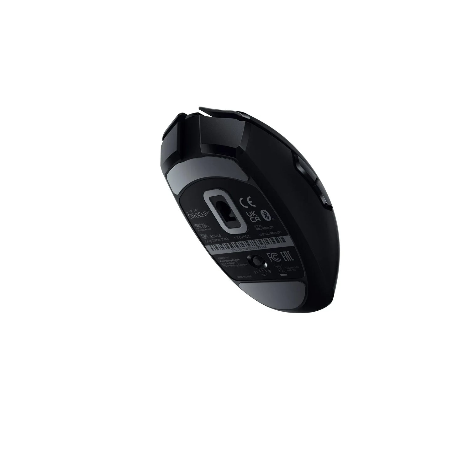Bottom view of black Razer Orochi V2 wireless gaming mouse with sensor and certification labels