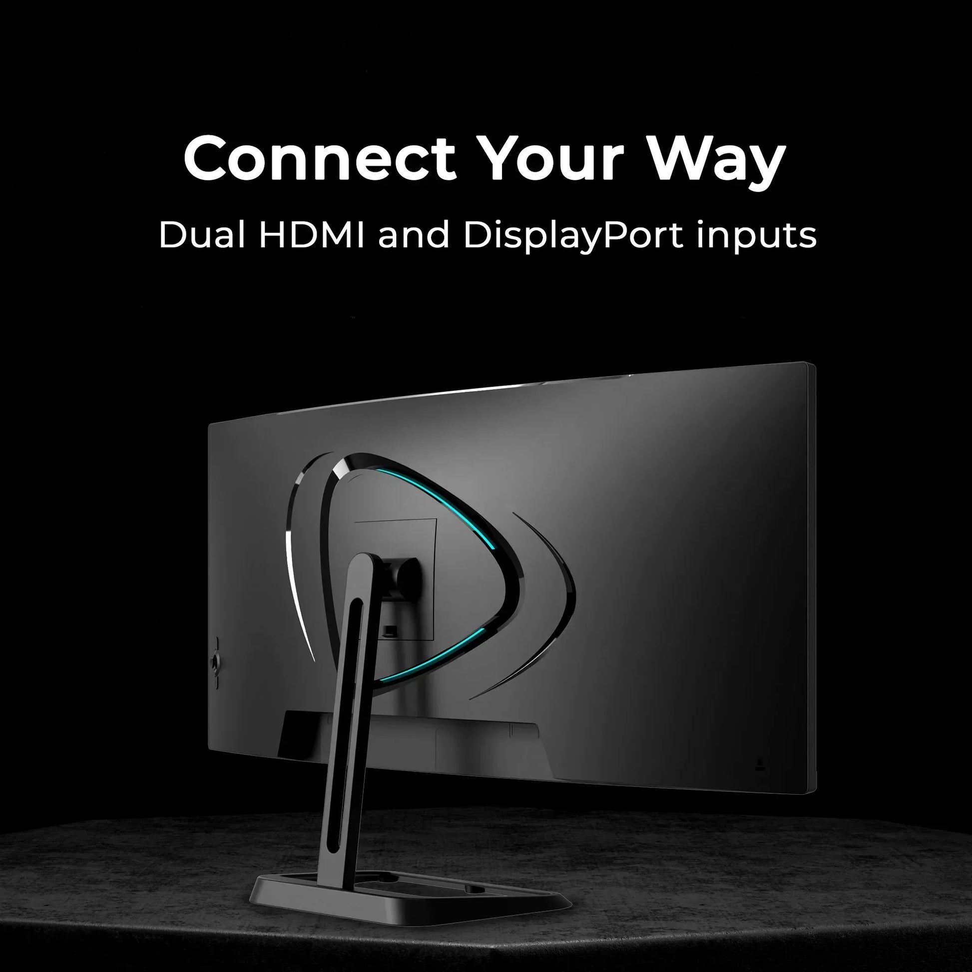 Rear view of sleek black gaming monitor on stand with dual HDMI and DisplayPort inputs against black background