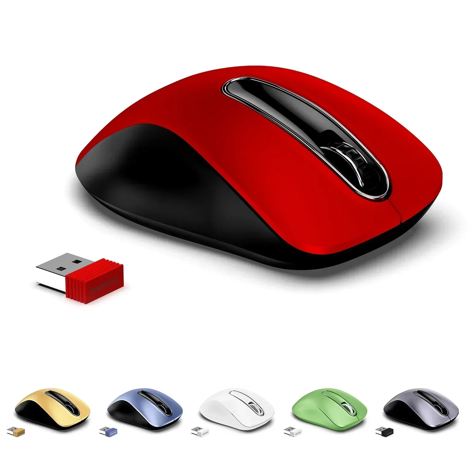 Wireless computer mice in various colors with USB receivers, ideal for gaming setups.