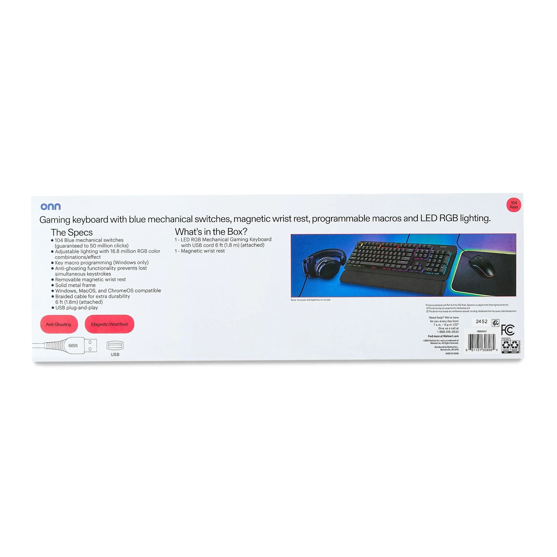 Back of ONN gaming keyboard box showing product specs, RGB keyboard, headset, and mouse.